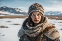 create a young, otherworldly lost Siberian nomadic female huntress with highly detailed, sharply lined and deeply weathered facial features in a desolate tundra steppe landscape , in natural winter tundra colors, 8k,