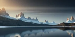 small house, windows light, heavy snow, big blue lake water, Mount Fitz Roy