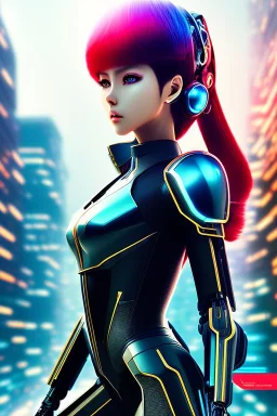 Futuristic anime cyborg, portrait from waist up, intricate eyeliner, vibrant eyeshadow, clear completion, soft lighting, 4k resolution, intricate details, insanely detailed, colorful cityscape background, masterpiece, expert, cinematic smooth, retroanime style, realistic details, no helmet, pastel hair color