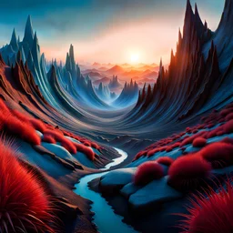 Photograph realistic detailed movie shot of a landscape background by denis villeneuve, amano, yves tanguy, alphonse mucha, ernst haeckel, max ernst, roger dean, masterpiece, rich moody colours, dog teeth, blue eyes, sunrise, strong texture, extreme detail, intricate, strong colours, bas-relief, high resolution, volumetric light, 8k, 3d, cinematic, rich moody colors, sparkles, blue eyes, octane render, 55mm photography, 8k, sharp focus, volumetric light, ZBrush, architecture by henri rousseau