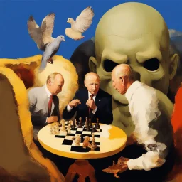 Putin, President Xi Of China And Joe Biden Play Chess With A Pigeon,Ufo And Atomic Bomb Mushroom Cloud,Complex Surgical Instruments Intermixed With A Newborn Boy,Minimalism,Painting By Adrian Ghenie,Rene Magritte,Pablo Picasso,Michelangelo,Salvador Dali,Lucian Freud