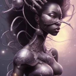 sango fantasy, fantasy magic, intricate, sharp focus, illustration, highly detailed, digital painting, concept art, matte, masterpiece head sexy view black African beauty black afro hair space lady silver carp skin African space night