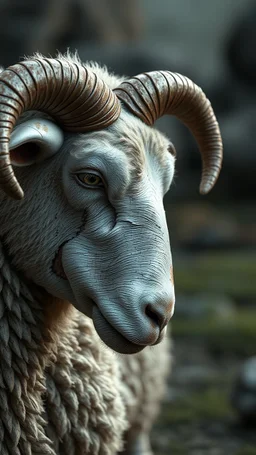a side view of a sad sheep by his face skin is a rusted broken metallic skin texture in a 3d rendering full-height image of a grim and dark scene. Ensure the final images exhibit the utmost quality, encompassing 4K, 8K, and 64K resolutions, with 3D rendering that manifests in photorealistic, hyperrealistic, and highly detailed representations. Employ techniques such as HDR, UHD,