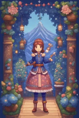 The nutcracker, a kind of girl with blue tones and patterns, stardew, valley style