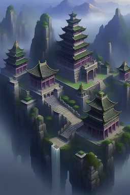 Fantasy city on mountain. structures have big details. Houses made of stone, big details, temple like, no asain features. Big structure carved in mountain with big gate leading into mountain. Style: nintendo, concept art. Mood: foggy, desaturated. View: isometric