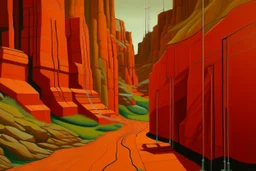 A reddish orange colored canyon with batteries and high voltage grounds painted by Stuart Davis