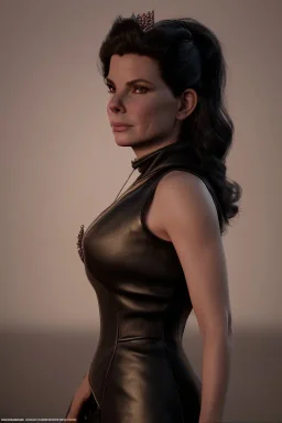 Young Sandra Bullock as evil queen in black leather gown, angry, busty, curvey, cleavage, unreal 5, octane render,cinema4d, dynamic lighting, dramatic lighting, 4k, redshift render, highly detailed, hyper realistic