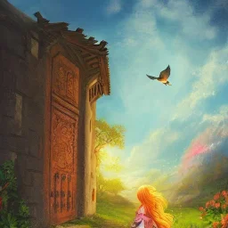  Castle into sky, with flowers of fire. Green clouds and birds. Shy girl going out of the main gate. Detailed painting, sharp color, medieval, intricate detail, far sceen, realistic colors, medieval concept art. spring.