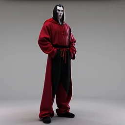 Dracula in a hoodie and trackpants, single subject, full length portrait, black red and white, full body visible, uncropped, 3d render, light grey seamless studio background