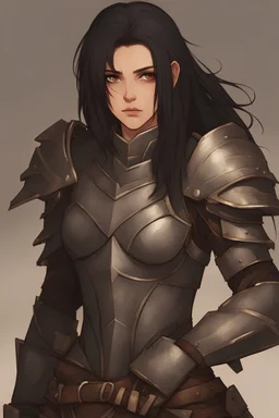 Female, long black hair, fit build, light brown eyes, wavy hair, heavy plate armor, full body, spiked armor, wielding spiked lance/glaive