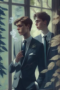 20 Year boy with pretty face he is gay and gentle. smoking behind window while looking outdoor trees. His in a full official suit. Two of his boyfriends around him