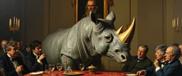 portrait painted by Rembrandt, stupid looking marble dragon rhino at banquet