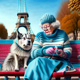 An elderly woman is knitting on a park bench, accompanied by her furry companion - a calm husky dog ​​resting next to her. In the background is the Eiffel Tower. The woman's lively personality shines through her whimsical outfit - a light blue sweater, striped tights and large round glasses perched on her nose. Her spiky red hair adds a touch of glamor to the scene. The sweet dog, with a shaggy yellow coat, lies peacefully with his head resting on the knitted fabric, providing a faithful compani