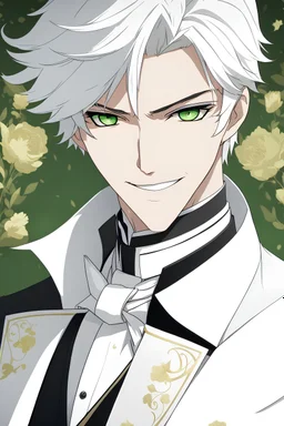 Young man with white hair, well-groomed, green eyes, smiling, friendly, wearing a tuxedo, aristocractic background, RWBY animation style