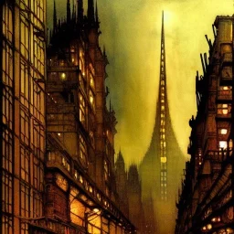 Metropolis, detailed facades , watercolor, by john atkinson Grimshaw, detailed painting,matte painting, alphonse mucha, greg rutkowski