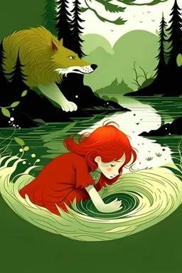 imagen del cuento de caperucita roja cuando ella se asoma al río, con el lobo ahogandose
