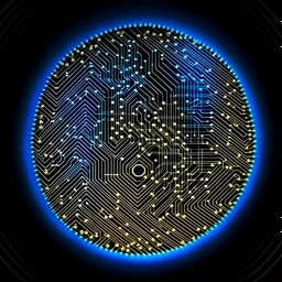 Blue and gold circle logo of a fingerprint made of circuit board traces, neural network background