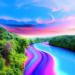 beautiful dream, mystical, cascades, high quality, masterpiece, pastel colors, blue river, pink clouds