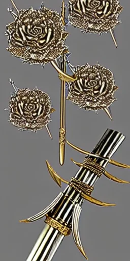 A large silver and Gold spear weapon covered in rose's and thorns, realistic, fantasy,