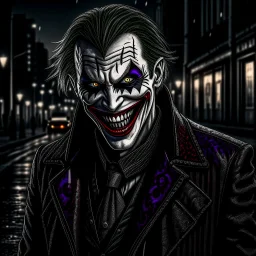 DEhybrid of (the joker:carnage:0. 1), sharp fangs, wide grin, grungy background street, moody lighting, shadows on left, torn jacket