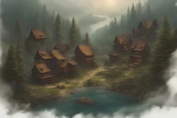 Civilização inspirada em game of Trones no meio de uma floresta robusta, casas de madeiras, várias casas e mar ao lado, imagem antiga, cores frias e ar misterioso, cenário game of trones