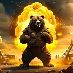 epic bear in combat stance, taekwondo posing, nuclear explosion, wallpaper, 8k, artstation, super realistic