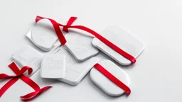 white background, red medical tablets, red ribbon
