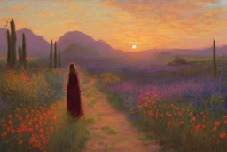 beautiful sunset, one woman looking a flowers, mountains, pathway, gothic disturbing influence, witchcraft influence, rodolphe wytsman, jenny montigny, and friedrich eckenfelder impressionism paintings