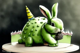 Bunny is having a birthday cake looking like a a hand grenade. Highly detailed, smooth colours, realistic landscape. Aquarell