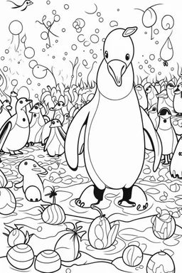 HAPPY NEW YEAR coloring page for kids, A cute penguin parade with confetti in a chilly Arctic scene, thick outline, low details, no shading, no color