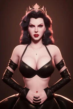 Lana Turner as evil queen in black leather, leather, busty, cleavage, angry, stern look. character design by cory loftis, fenghua zhong, ryohei hase, ismail inceoglu and ruan jia. unreal engine 5, artistic lighting, highly detailed, photorealistic, fantasy