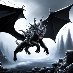 mdjrny-v4 style, highly detailed illustration of a black obsidian dragon, spread wings, black obsidian dragon feet on lava rock, dark sky background, realistic, intricate details, d&d, by artist "Even Mehl Amundsen", full body