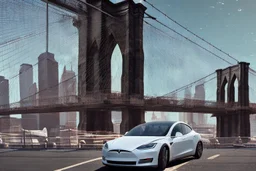 A Tesla's 'Model S' is parked, on the 'Brooklyn Bridge' in New York. CINEMATIC. WIDE ANGLE LENS. PHOTO REAL.