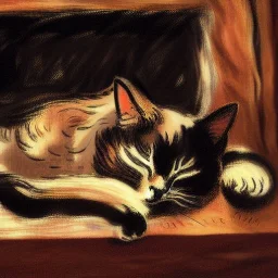 oil portrait of a Cat sleeping by the fireplace by Monet 8k