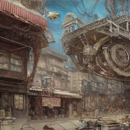 Insanely detailed photograph of an “artitcture plans of a city market at a airship station ” with intricate gears, intricate embroidered band, hyperdetailed painting by Ismail Inceoglu Huang Guangjian and Dan Witz CGSociety ZBrush Central fantasy art album cover art,8K, hdr, romantic, mysterious, ominous, flowers, jewelry, steam,oil,cafe,street vendors