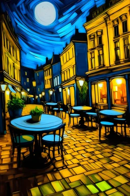 A cup of tea is walking away from the café alone in the painting of Van Gogh Café Terrace at Night