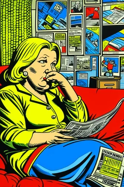 fat woman sitting on sofa READING NEWS PAPER listening to radio watching tv news in a room with signs of propaganda in the style of roy lichtenstein