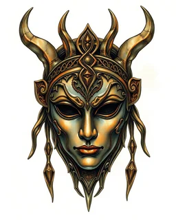 create a full color ink wash and watercolor illustration of a rich patina, ancient bronze female druid ceremonial mask representing Morrigan, utilizing historic Celtic decorative motifs, intricately detailed and sharply defined in the style of Arthur Rackham and Kay Nielsen