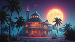 mysterious retrofuturistic house, glowing surrounded by tropical palm trees, synthwave, bright neon colors, highly detailed, cinematic, tim white, vladimir kush, chris foss, roger dean, bob eggleton, michael whelan, bruce pennington, bob eggleton, alfred kelsner, kubrick