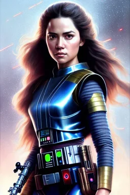 hiper realista, hiper detalhado, retrato de corpo inteiro, no estilo star wars, de uma mulher jovem incrivelmente bonita, símbolo da federação perfeitamente desenhado, cabelos longos , arte de greg rutkowski, artgerm, wlop, rossdraws, boris vallejo