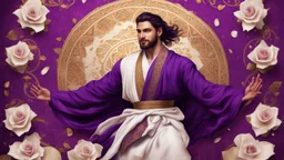 Hyper Realistic young handsome muscular Sufi Whirling with Purple & Maroon, Islamic Sufi Rustic Grungy golden Patterned-Background at night with white-rose-petals.