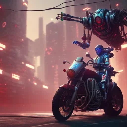 cyberpunk far way man in kaneda bike,robotic arm, highly detailed global illumination, detailed and intricate environment, octane