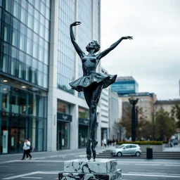 photo of a statue of ballerina made of black marbel in a modern city center
