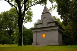 Creepy mausoleum at night, trees, hearse car