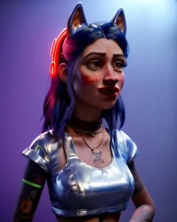 Waist up portrait, hybrid character, waitress British woman with classic muppet mask that covers her entire head and face, Sesame Street style, latex dress, short shirt, old school tattoo, hot, smooth, unreal engine 5, god lights, ray tracing, neon, RTX, lumen lighting, ultra detail, volumetric lighting, 3d.