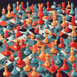 illustration of A digital artificial world of social media filled with chess pieces, each one representing a different strategy. a person thinking about the complex game of strategy.