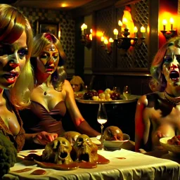 Horror movie shot, spooky, hot, ultra realistic, dine, horns, ultra realistic hot blonde women, year-end party, pieces of meat, organs, hot, ail, dynamic, hot, very excited people, hypermaximalist figures, light, 1970's Italian horror movie, sinister,, Dario Argento, Stanley Kubrik, ornate, 4k, photorealism