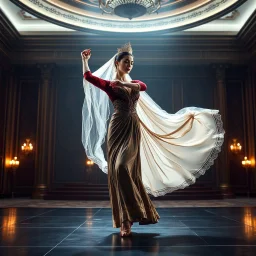 A full-body cinematic photograph of a graceful Azerbaijani woman performing a traditional national dance. She wears an intricately embroidered velvet bodice and a flowing long silk skirt. On her head is a small ornate traditional crown with a long, translucent white lace veil flowing elegantly behind her. She stands in a poised, elegant dance pose on a sleek modern performance stage with dramatic professional spotlighting. The stage is set inside a massive opulent royal hall with high ceilings,