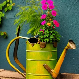 beautiful old watering can surrounded by gorgeous plants and flowers Modifiers: Award winning photography oil on canvas beautiful