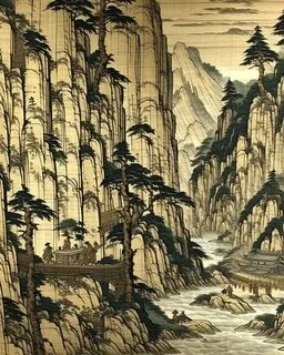 A gray cliff with a road designed in medieval tapestry painted by Utagawa Hiroshige